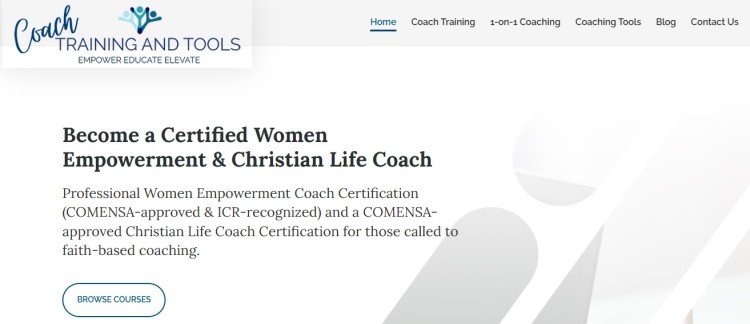 Website section promoting certified women empowerment coach and Christian life coach certification program with course details