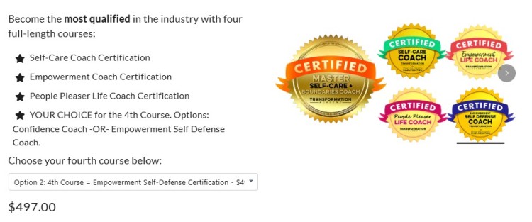 Overview of a certified coach certification program showing multiple course options and certification badges for life coaching specialties