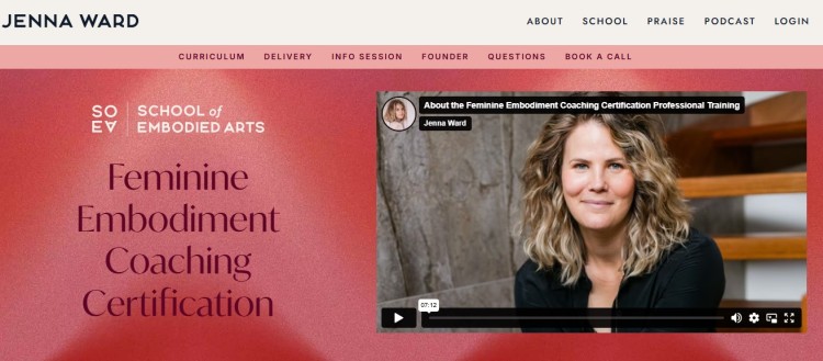 Website page for a certified women empowerment coach program featuring feminine embodiment coaching certification and training video