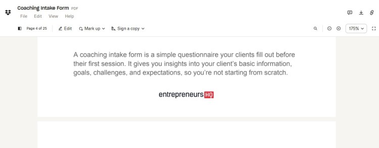 Coaching intake form PDF example showing ideas for printables that collect client goals, challenges, and expectations before sessions