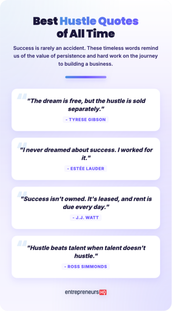 Infographic showing a collection of hustle quotes from Tyrese Gibson, Estée Lauder, J.J. Watt, and Ross Simmonds about persistence, work ethic, and success.