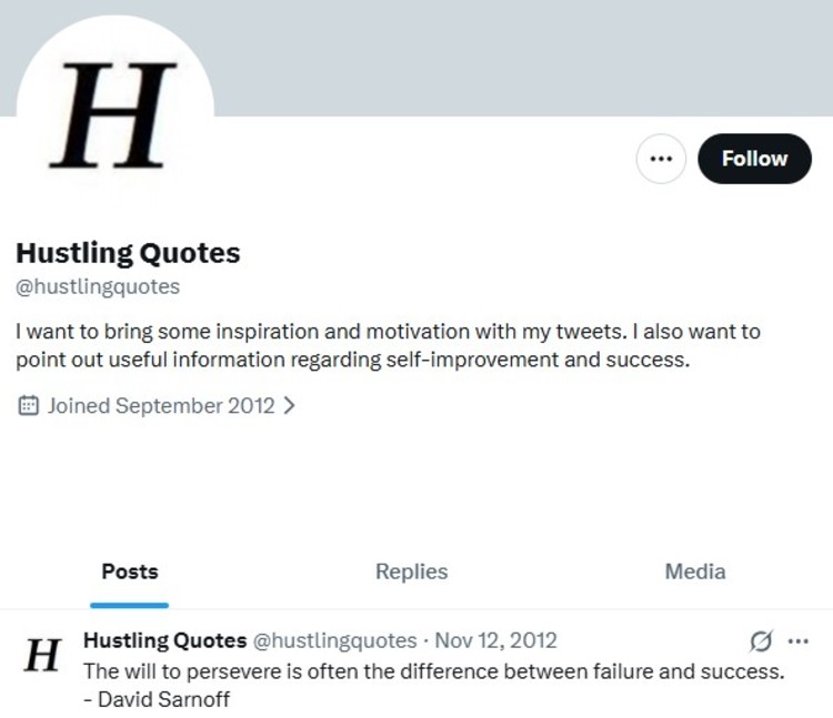 Twitter profile of Hustling Quotes sharing motivational posts as a collection of hustle quotes about perseverance, success, and self-improvement.