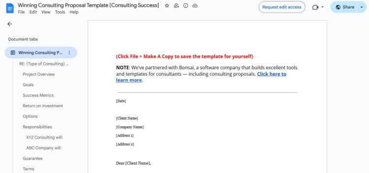 Screenshot of a consulting proposal template document showing proposal outlines such as project overview, goals, success metrics, responsibilities, and guarantee sections.