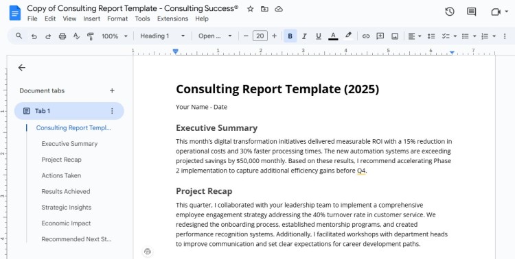 Google Docs consulting report layout with executive summary and project recap sections, free template for creating structured business reports.