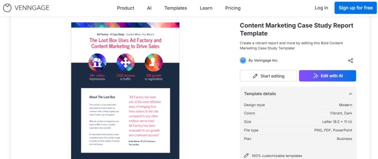 Venngage content marketing case study report editor page showcasing a customizable design, free template available for creating professional marketing reports.