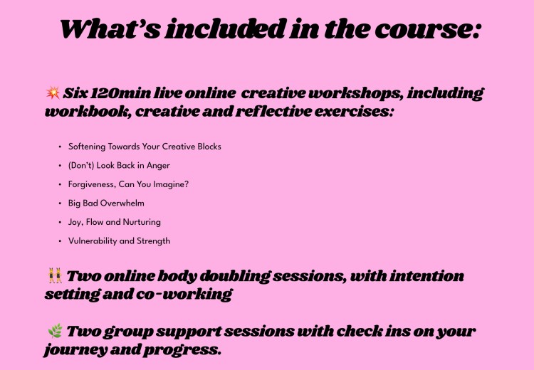 Overview of creative coaching courses showing six live workshops, body doubling sessions, and group support sessions