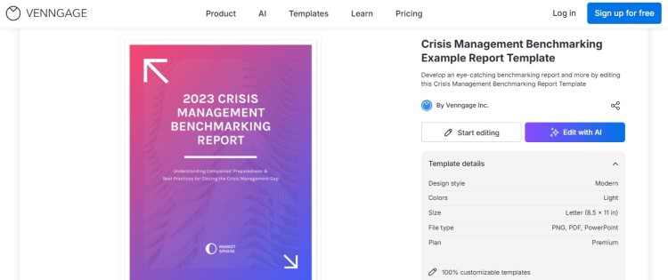 Venngage crisis management benchmarking report presentation template showing a cover design for professional business reporting.
