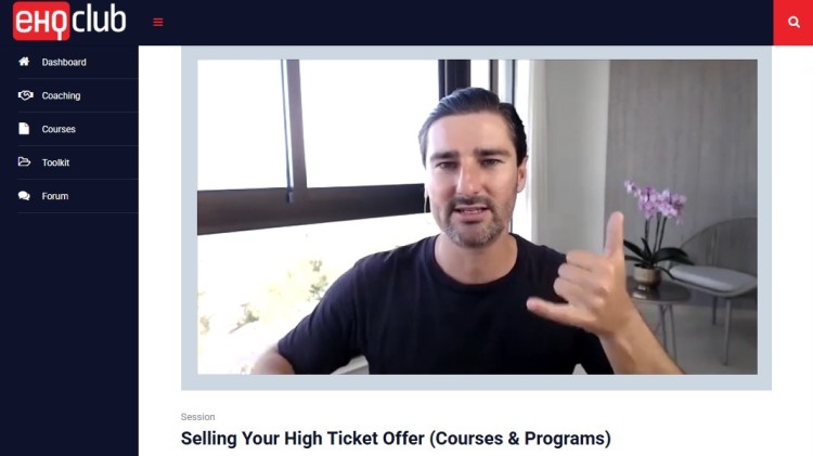 Screenshot of an EHQ Club coaching session on selling high ticket offers, demonstrating how coaching helps entrepreneurs grow and scale their business.