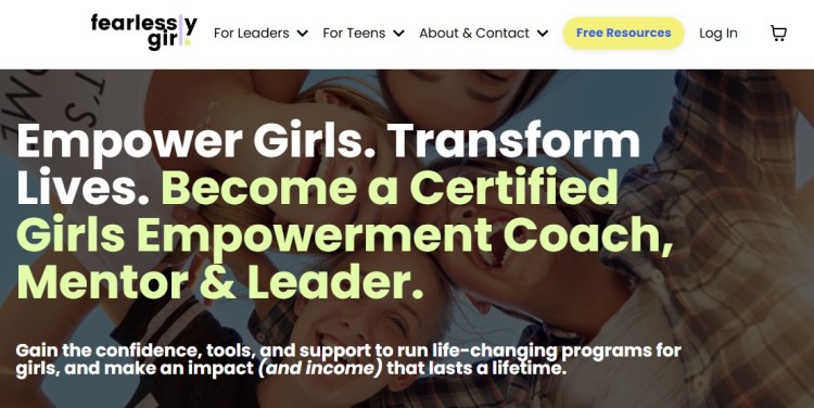 Website banner promoting empowering coaching for girls with certification program to become a mentor and leader