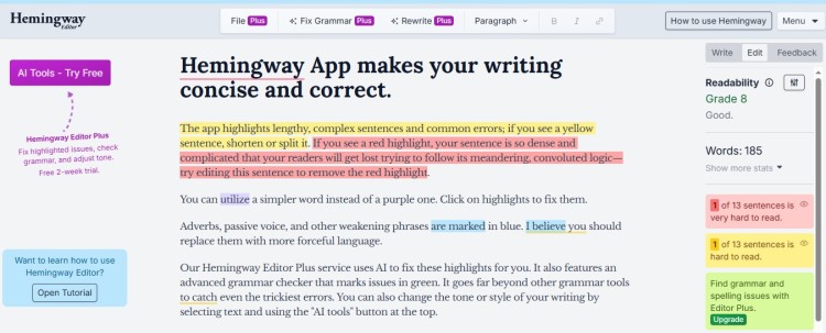 Hemingway Editor interface highlighting readability and sentence improvements, useful for refining your entire blog content to make writing clearer and more engaging