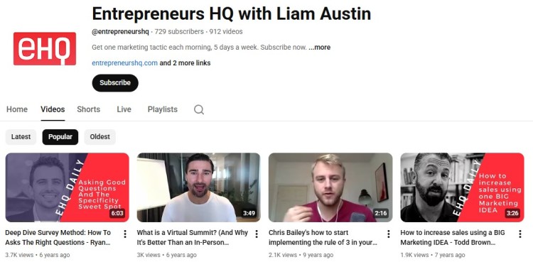 Screenshot of the Entrepreneurs HQ YouTube channel video library showing marketing tutorials and strategy videos about content marketing for coaches and online entrepreneurs.