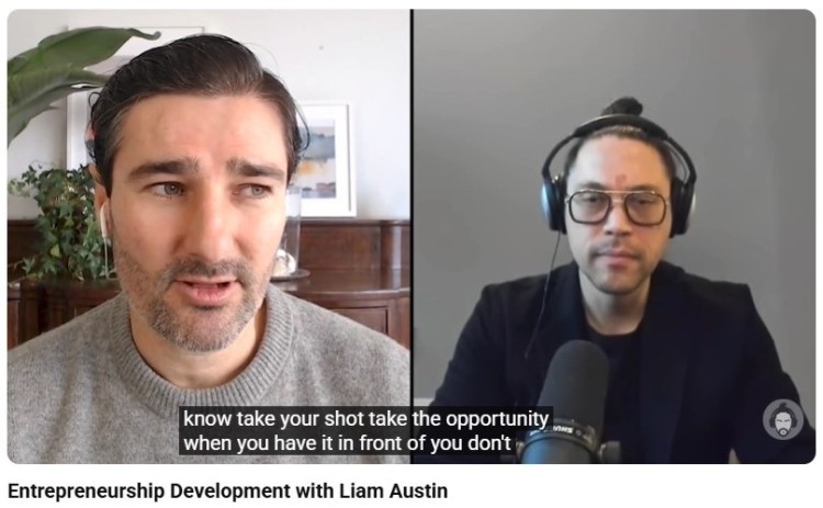 Split-screen video interview featuring Liam Austin, a certified coach, discussing entrepreneurship development and taking opportunities in business.