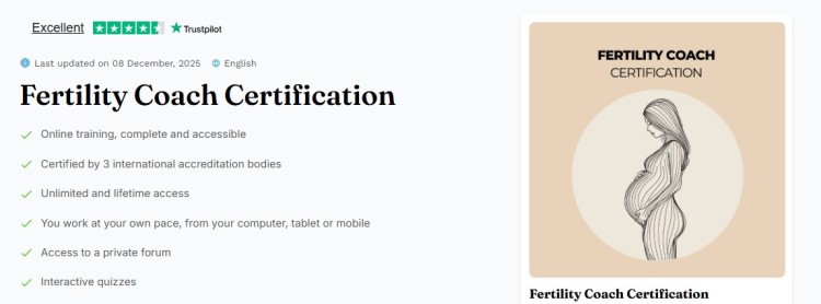 Fertility coach certification course page highlighting online training designed to build the knowledge and skills needed to support clients on their fertility journey.