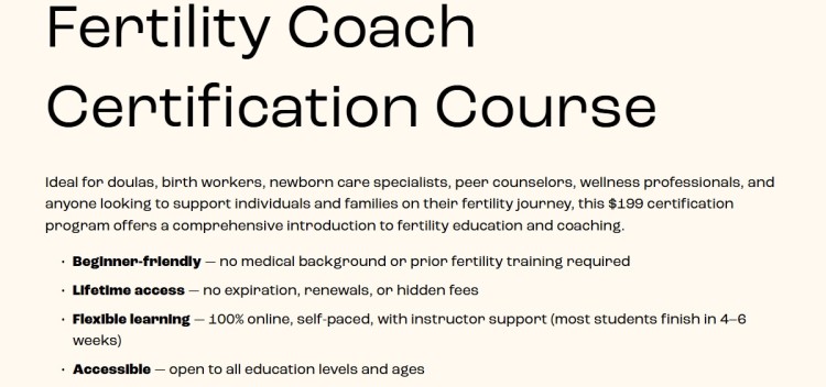 Fertility coach certification course page explaining beginner-friendly training that sets you up for success in supporting individuals and families on their fertility journey.