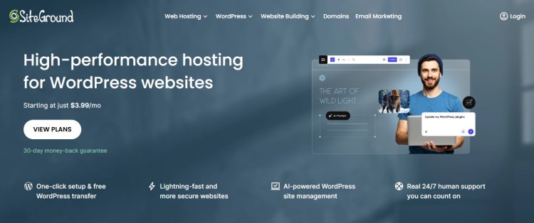 SiteGround hosting platform showing WordPress hosting features useful for getting your course online with fast performance and secure setup