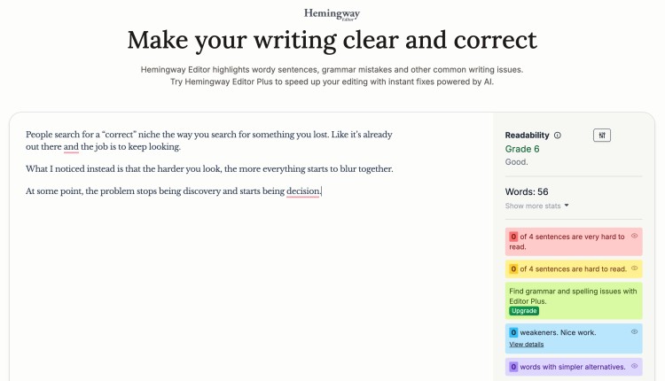 Hemingway Editor interface analyzing writing clarity and readability to help creators start creating content that is clear and effective
