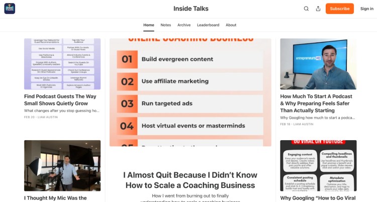 Inside Talks Substack homepage showing articles and content for entrepreneurs and a business coach sharing insights on scaling coaching businesses, marketing strategies, and podcasting.