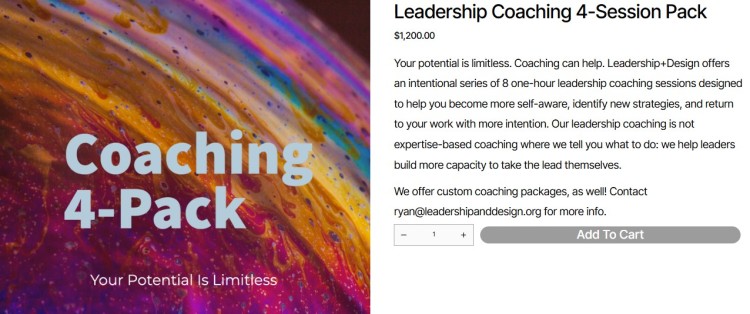 Leadership coaching 4-session package product page highlighting how structured coaching sessions enable personal growth, self-awareness, and strategic leadership development.