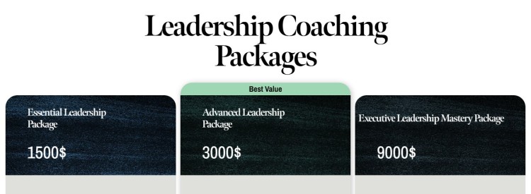 Pricing table showing three leadership coaching packages, illustrating how coaching provides tiered options from essential to executive mastery levels.