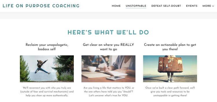 Three step coaching framework from Life On Purpose Coaching showing how coaches help their clients reconnect with themselves, gain clarity on their direction, and create an actionable life plan.