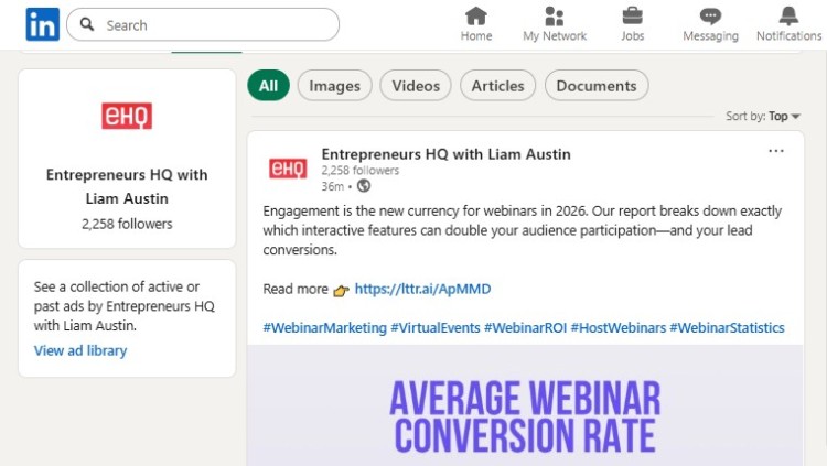 LinkedIn post from Entrepreneurs HQ showing webinar engagement insights and marketing campaigns focused on improving conversion rates