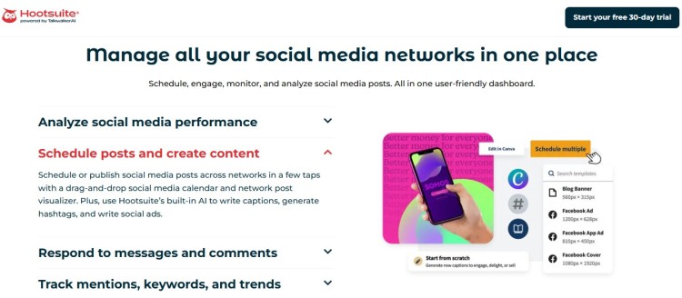 Screenshot of Hootsuite dashboard showing social media scheduling and analytics features, illustrating automation trends in social media marketing tools.