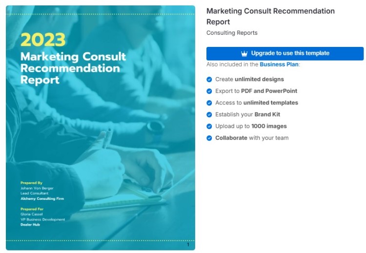 Marketing consultation report cover template showing professional layout with consultant and client details for a business strategy presentation.
