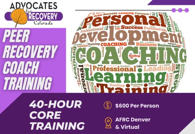 Poster promoting peer recovery coach training focused on providing support and guidance for individuals in recovery.