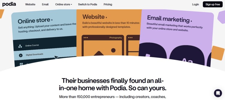 Podia platform dashboard that allows creators to sell digital products including courses, downloads, and email marketing tools in one place