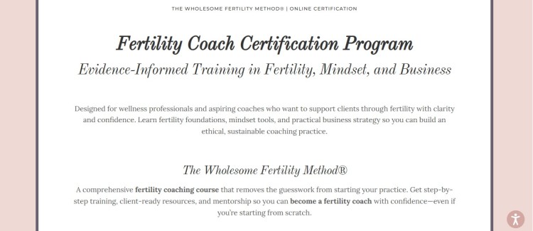 Certification page for a fertility coach program highlighting a proven coaching approach to training professionals in fertility, mindset, and business skills.
