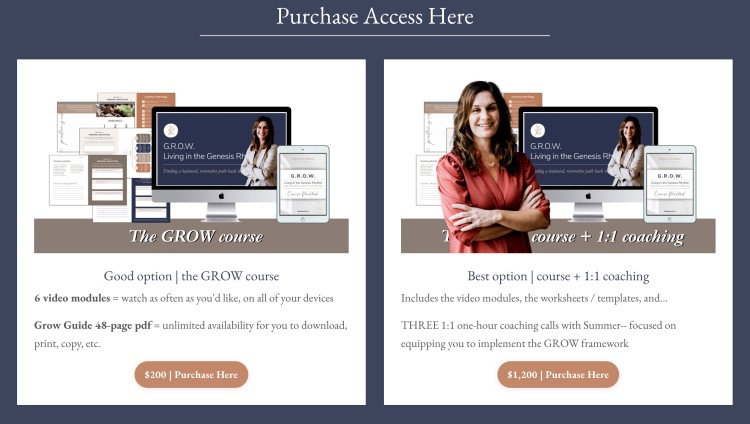 Comparison graphic of two coaching program options, the GROW course and the GROW course with 1:1 coaching, designed to help professionals choose a program that helps you identify purpose, direction, and coaching support.