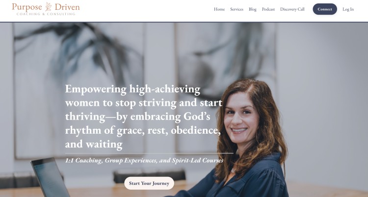 Website hero section for Purpose Driven Coaching and Consulting showing a professional woman and headline about empowering high-achieving women, illustrating the message of a great coach helping clients thrive with balance, rest, and purpose.