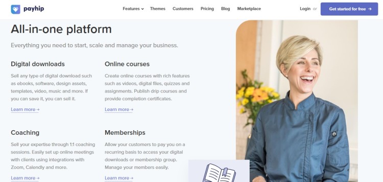 Payhip platform dashboard showing digital downloads, courses, coaching, and memberships, allowing creators to sell many products from one place