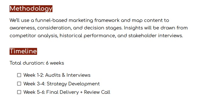 Section of a simple consulting proposal showing methodology explanation and a six week project timeline with audits, strategy development, and final delivery.