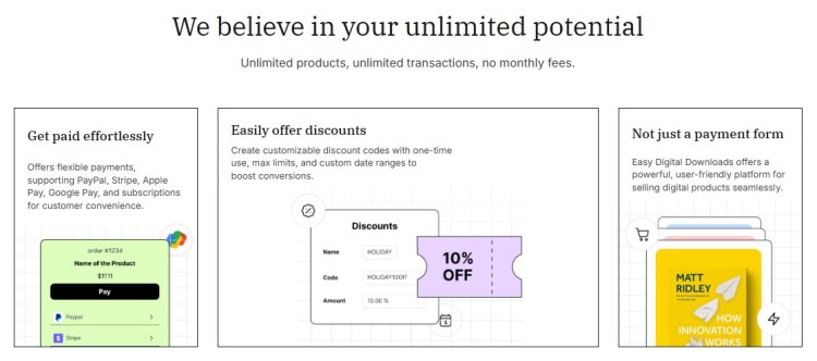 Easy Digital Downloads platform interface showing payment options, discounts, and product delivery tools to help store and sell digital products online