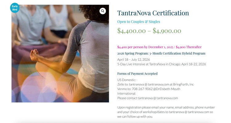 Screenshot of the TantraNova certification page showing meditation practice and details about a specialized training program for relationship and intimacy coaching.