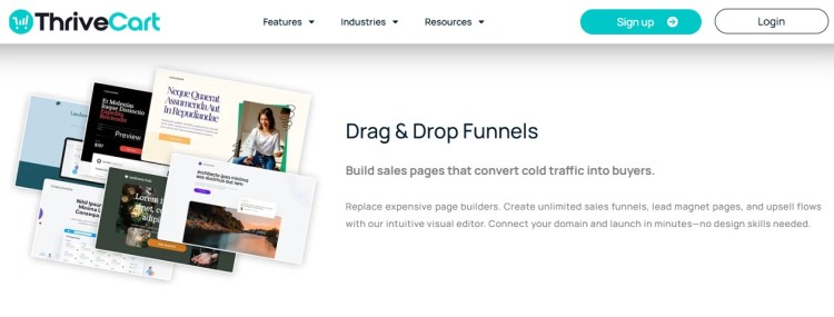 ThriveCart dashboard showing drag and drop funnels builder interface for creating sales pages and managing digital content
