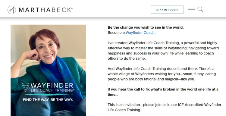 Life coach training page featuring a transformational approach to coaching with Wayfinder Life Coach Training and personal development focus