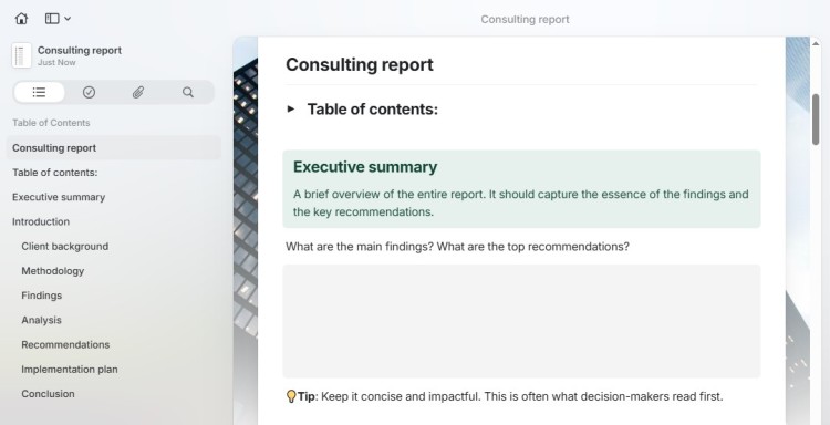 Screenshot of a consulting report document editor highlighting the executive summary section with guidance notes, use this template to structure a clear and concise business report.