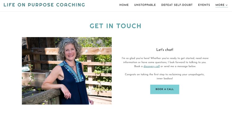 Life On Purpose Coaching contact page showing a coach photo and booking call button, representing professionals working with a life purpose and inviting potential clients to schedule a discovery call.
