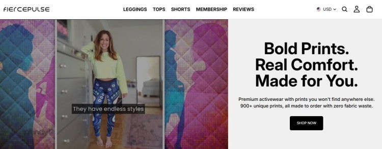 Activewear brand showcasing bold leggings as a great online business idea with unique designs and comfort-focused products