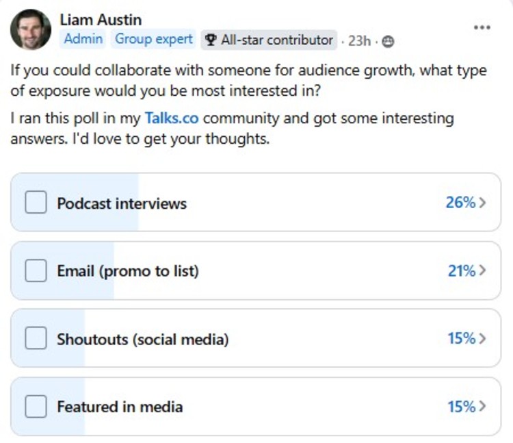 Social media poll discussing the best way to grow an audience through collaborations like podcast interviews, email promotions, and media features