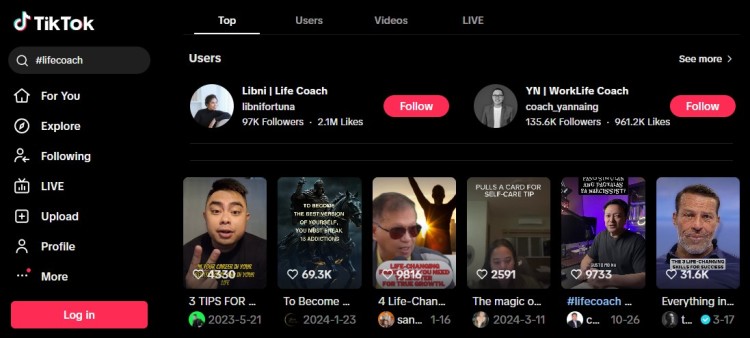 TikTok search results for life coach content showing creators and videos used to build an audience on tiktok in a specific niche