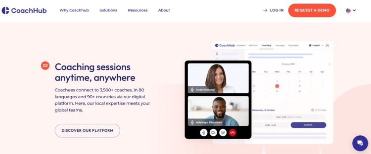 CoachHub platform showcasing the benefits of online coaching sessions with global access, video calls, and flexible scheduling.