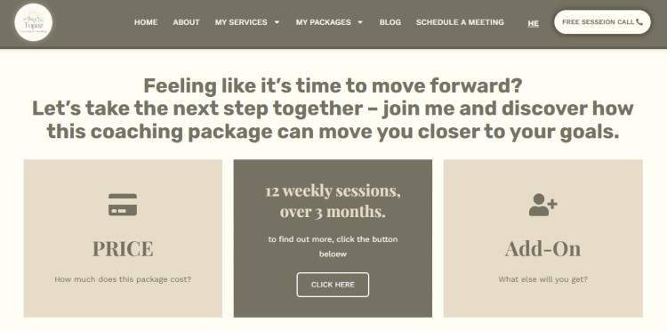 Website section displaying a coaching package with pricing details, session structure over three months, and available add-ons