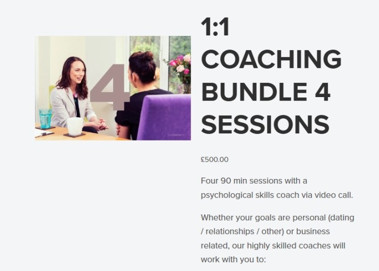1 to 1 coaching session bundle offering four sessions with a coach via video call, focused on personal or business goals