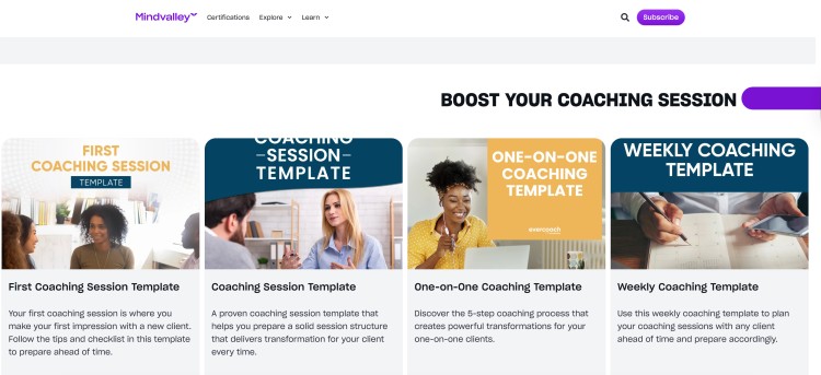 Collection of coaching session templates will help coaches plan sessions, including first session, standard session, one-on-one coaching, and weekly coaching templates.