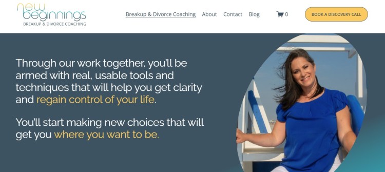 Divorce coaching website showing supportive care services that help clients regain clarity, confidence, and control after a breakup