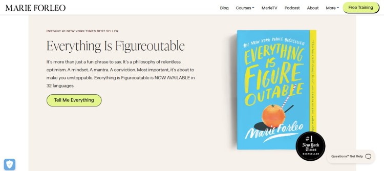Easy digital product example featuring Marie Forleo book Everything Is Figureoutable shown on a website landing page