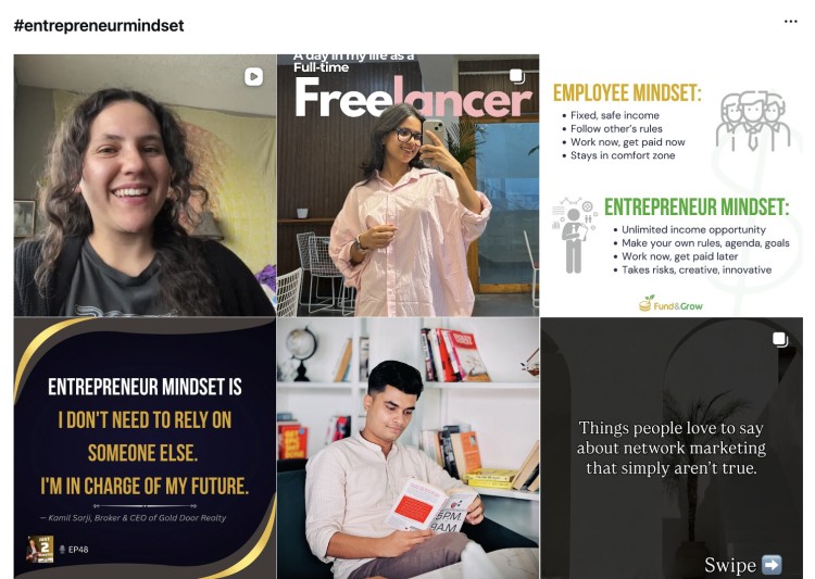 Entrepreneur mindset posts and content ideas for building an online coaching business, highlighting independence, freelancing, and growth strategies.